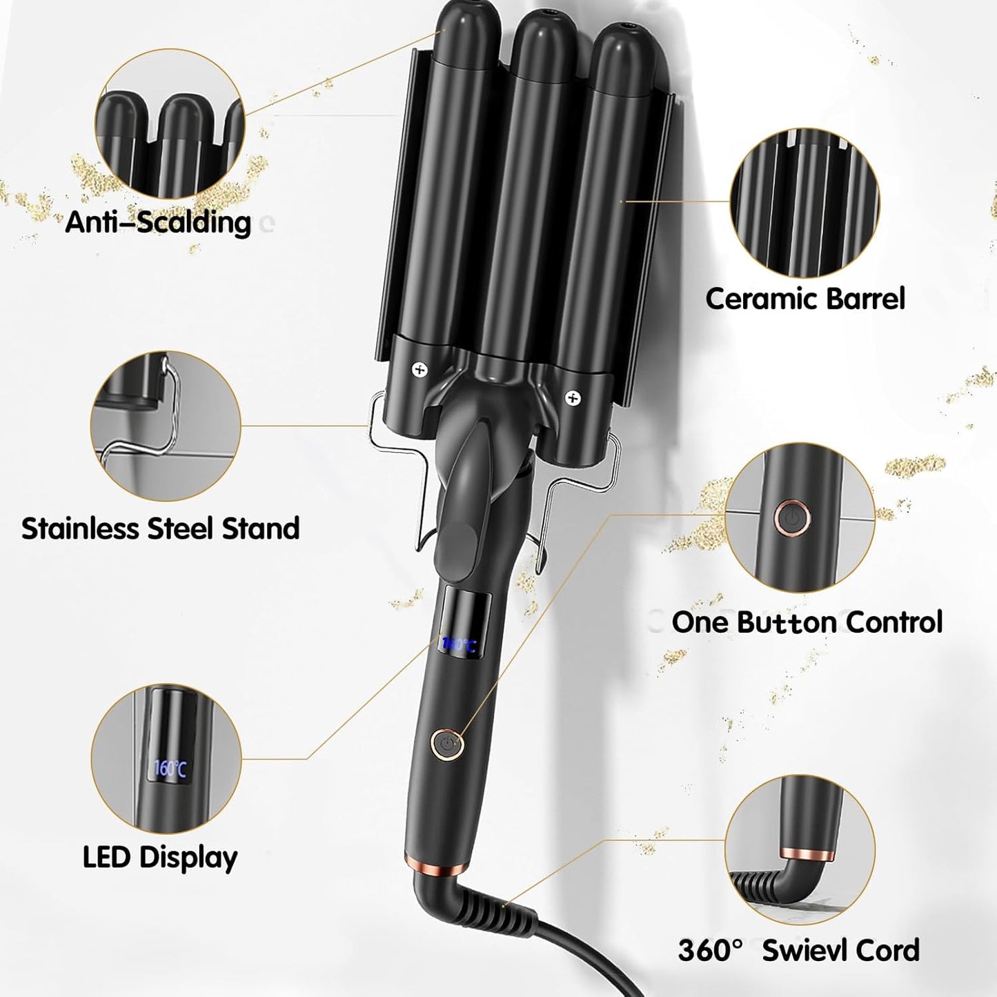 3 Barrel Beach Wave Curling Iron - 1 Inch Hair Crimper with Adjustable Temperature & Quick Heat-Up | Foldable Design