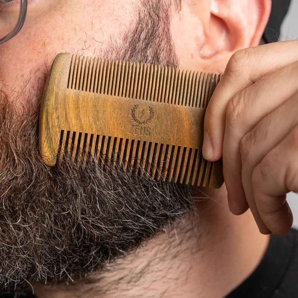 ZEUS Double-Sided Beard & Mustache Comb for Men, Natural Sandalwood Grooming Tool with Leather Case, Anti-Static & Travel Friendly (R31)