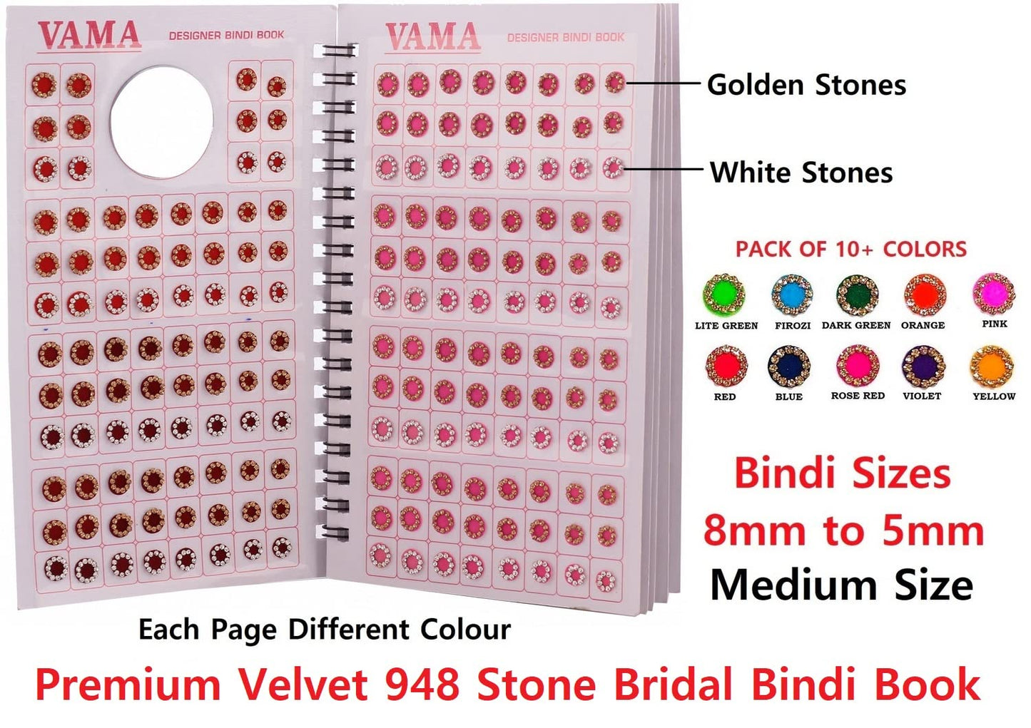 VAMA Round Multicolour Forehead Sticker Kumkum Golden & White Crystal Rhinestone Indian Bindi Book for Women (Bindi Booklet Stone - 948 Bindis)