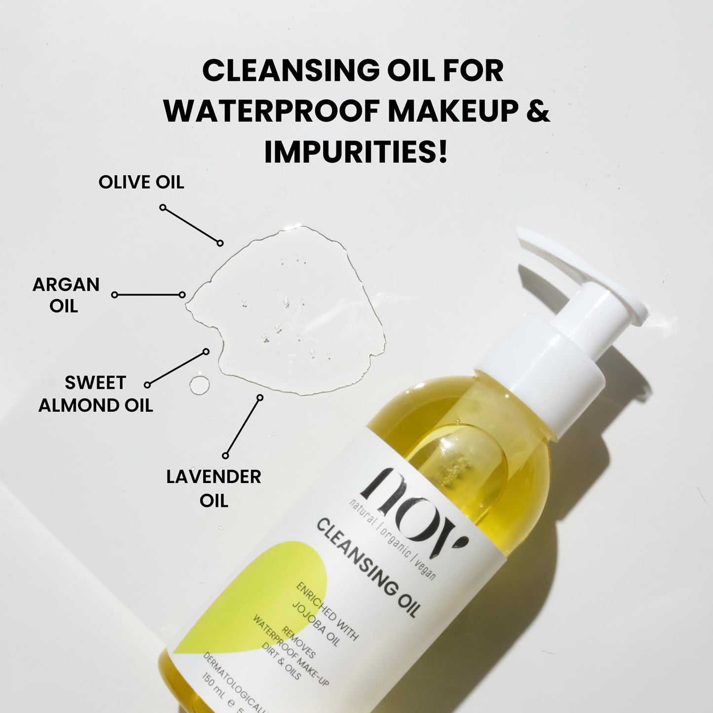 NOV Cleansing Oil - Facial Cleanser for Waterproof Make-Up - Non-Greasy Face Cleanser With Sweet Almond Oil for Hydration - All Skin Types - 5.07 oz