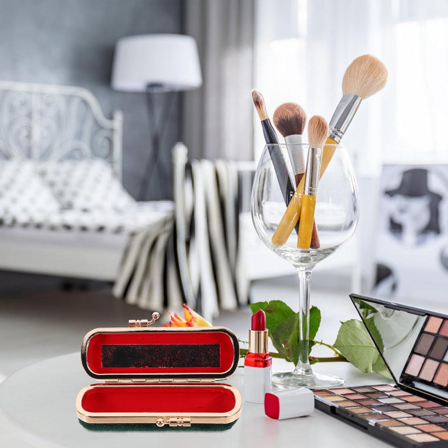 Cabilock Retro Lipstick Box with Mirror Compact Lip Balm Organizer Durable Cosmetic Storage Case Fits One Lipstick for Travel and Daily Use 3.93X1.37X0.98 Inches