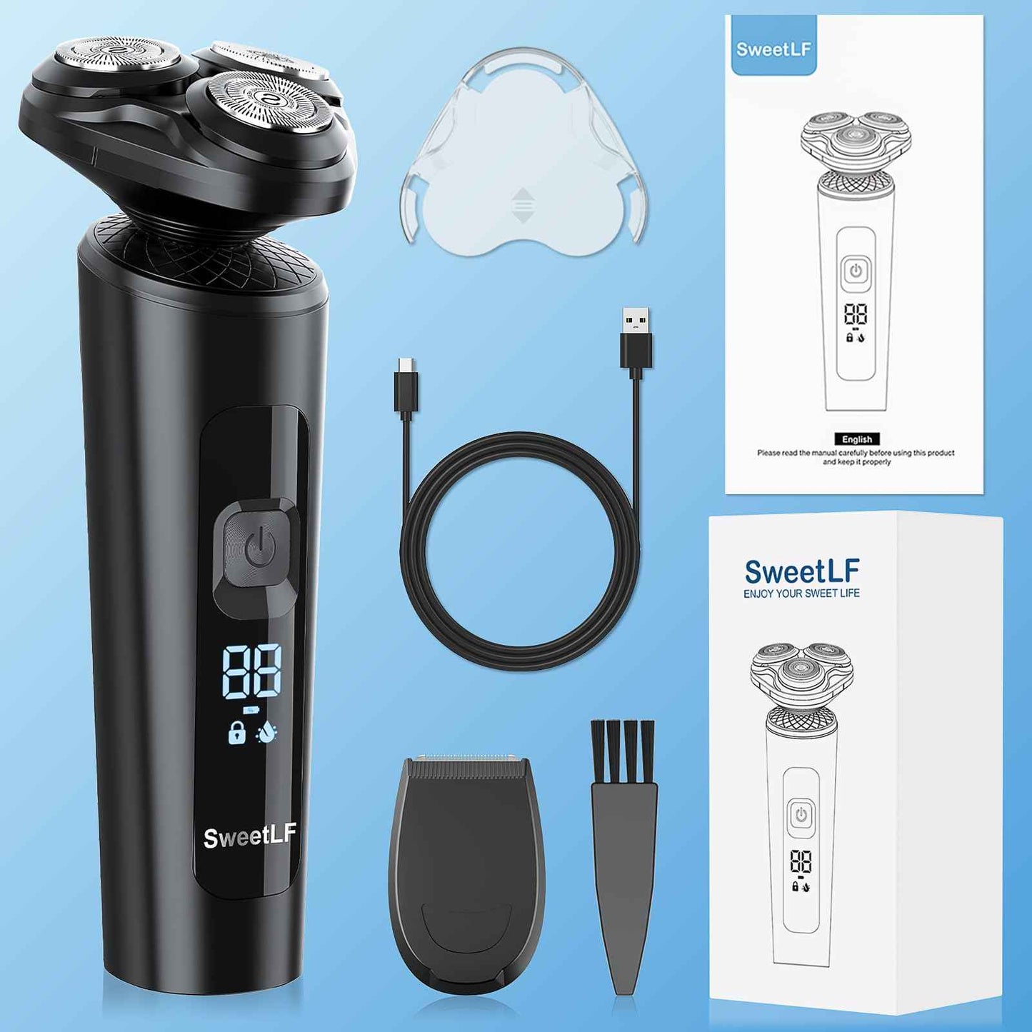SweetLF Electric Razor for Men, IPX7 Waterproof, Wet & Dry Shaving, Type-C Fast Charging, LED Display, Pop-up Beard Trimmer, Men's Gift, Black