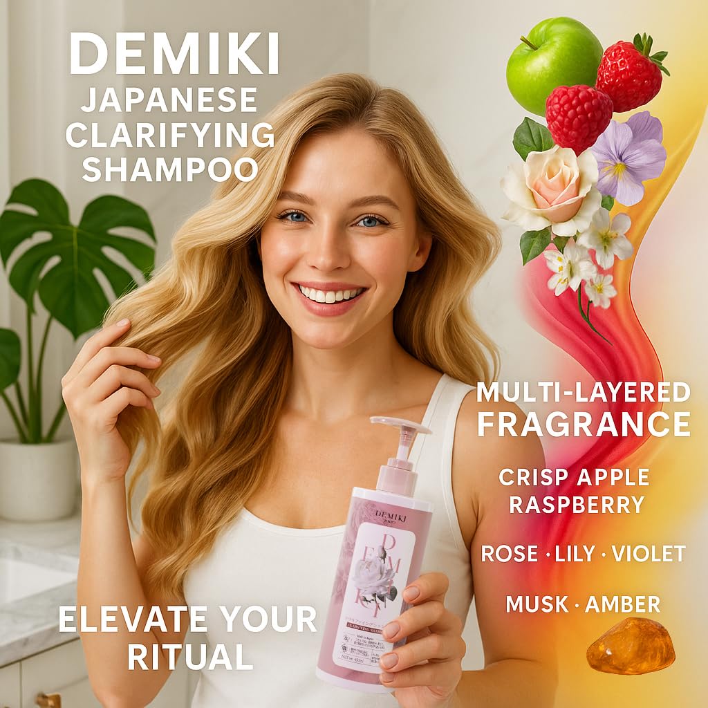 DEMIKI Japanese Shampoo for Women,Anti-Dandruff with Keratin,Clarifying Shampoo for Oily Hair,Sulfate Free,Rose Scent,Volumizing,hair care,Repairs,Strengthens,Nourishes and Softens,450ml 16fl oz