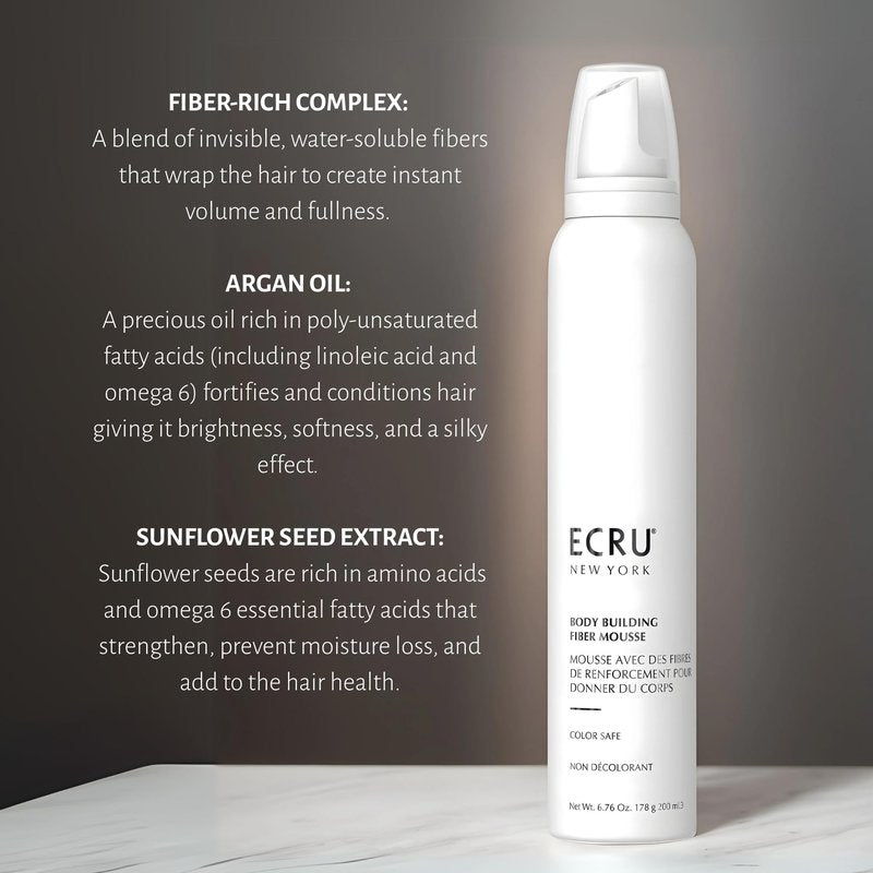 ECRU New York Body Building Fiber Mousse, Hair Mousse for Volume, Volumizer for Fine Hair, 6.76oz