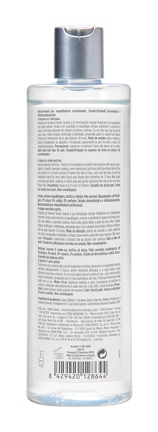 ISDIN Micellar 4-in-1 Facial Cleansing Water - Hydrating Toner & Makeup Remover for Sensitive Skin | 13.5 FL OZ