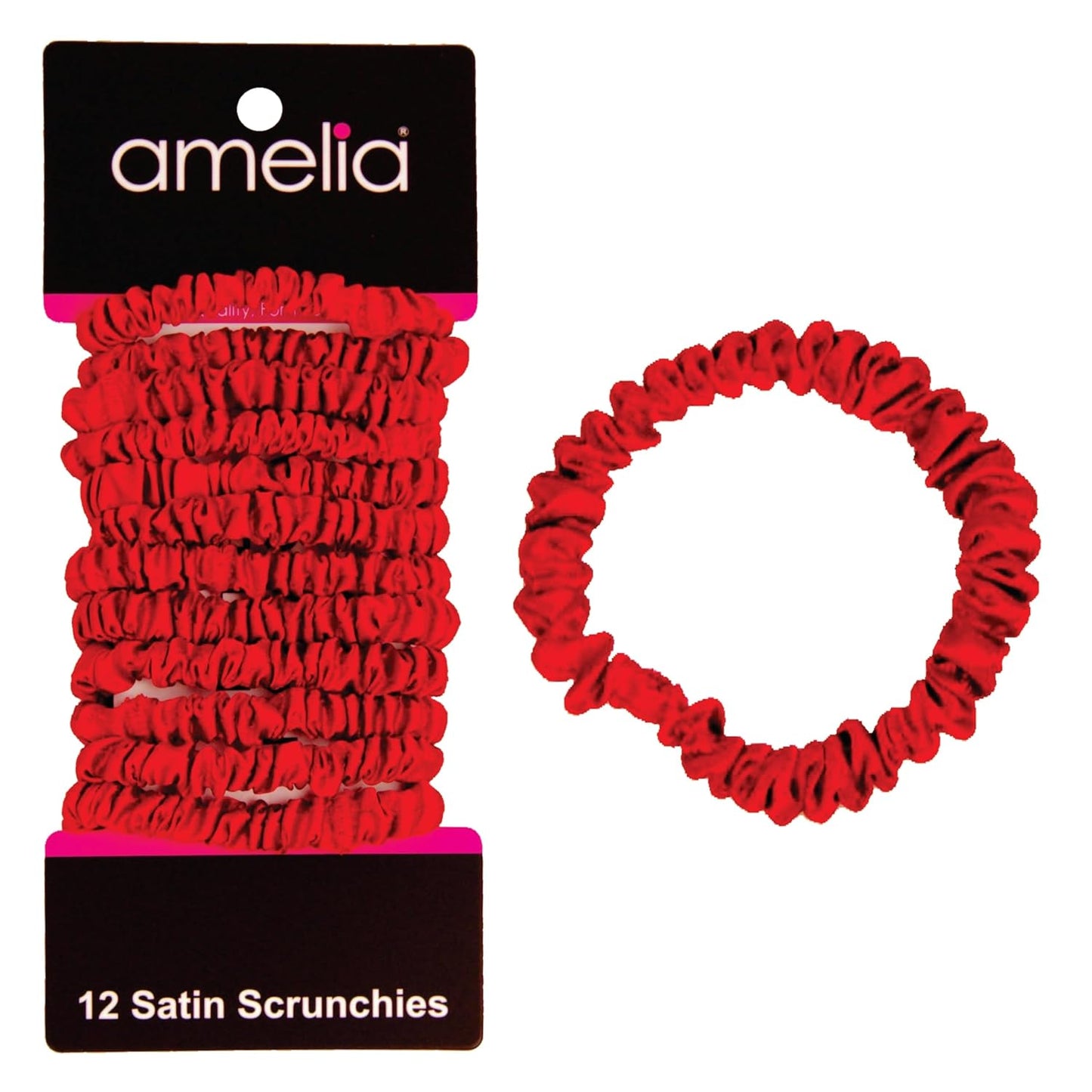 Amelia Beauty, Black, Skinny Satin Scrunchies, 12 Pack – 2in Diameter, Gentle & Strong Hold, No-Snag, No-Dent, Crease-Free Hair Ties