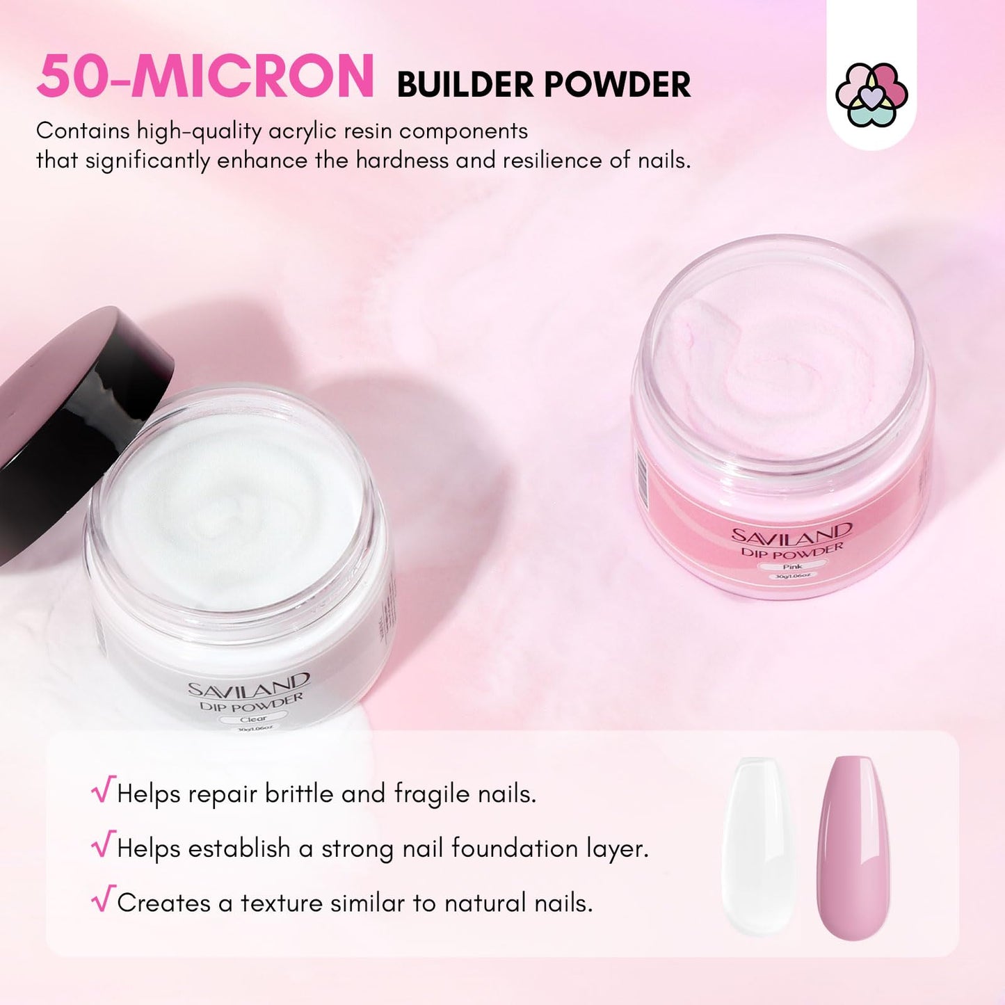 SAVILAND 60g Nail Repair Kit for Split Damaged Nails: 3 Mins Air Dry Quick & Easy Instant Broken Nail Repair Natural Clear & Pink Dip Powder with 21ml Nail Glue Emergency Home & Salon Use