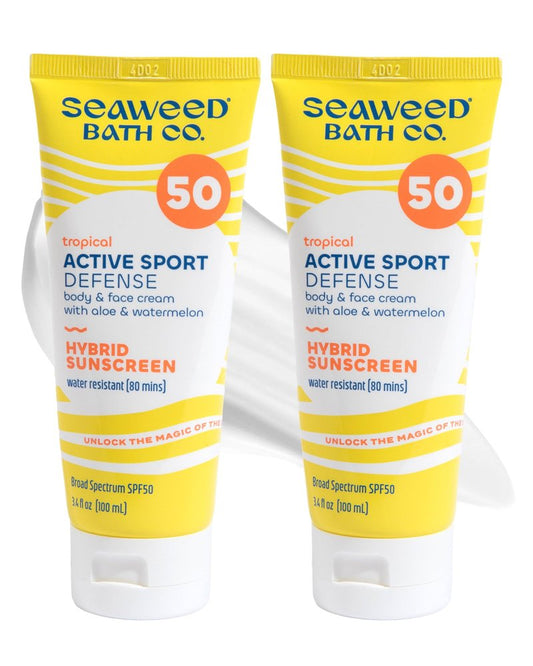Seaweed Bath Co. Active Sport Defense Cream SPF 50 - Broad Spectrum Hybrid Sunscreen with Zinc Oxide, Aloe & Watermelon - Water Resistant Face and Body Daily Sunblock, 3.4 Ounce (Pack of 2)