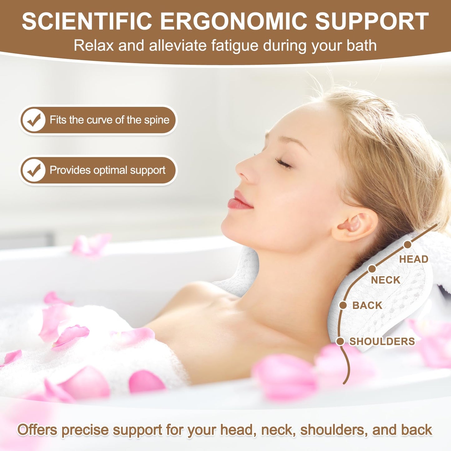 Bath Pillow for Tub, Bathtub Pillow for Head, Neck, Shoulder and Back Support, Ergonomic Luxury Bath Pillow for Bathtub, 6 Strong Suction Cups and Hook, Bathroom Accessories, White
