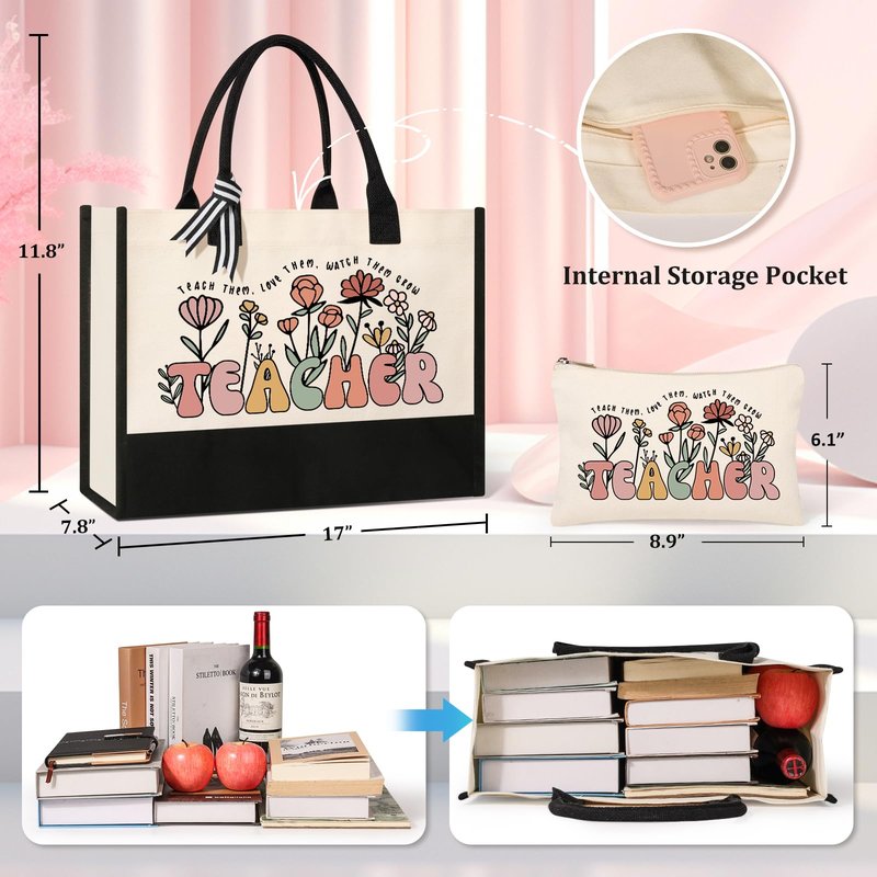 Tecanne Teacher Appreciation Gifts for Women, Canvas Tote Bag and Makeup Bag Set for Women (4 Sets)