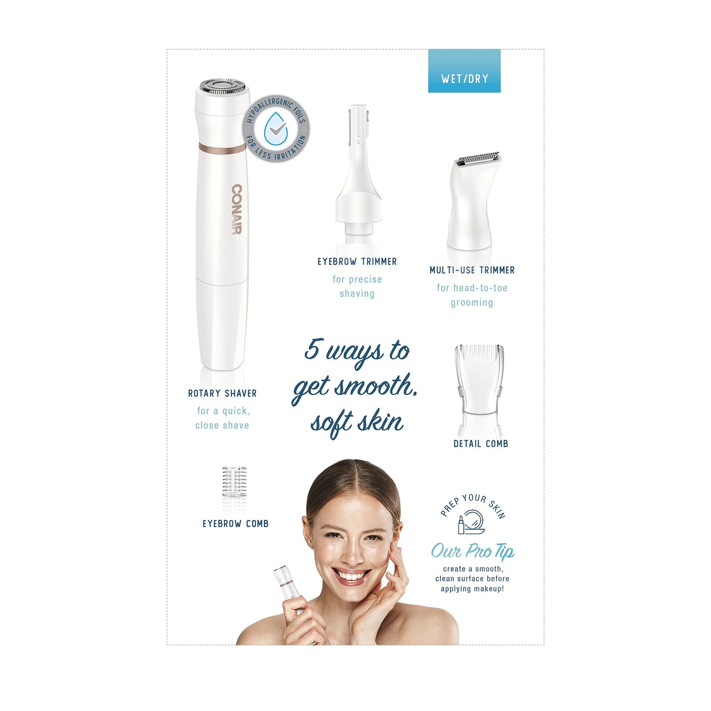 Conair All-In-1 Facial Hair Removal for Women, Cordless Electric Trimmer, Perfect for Face, Ear/Nose, Eyebrows, and Bikini Lines