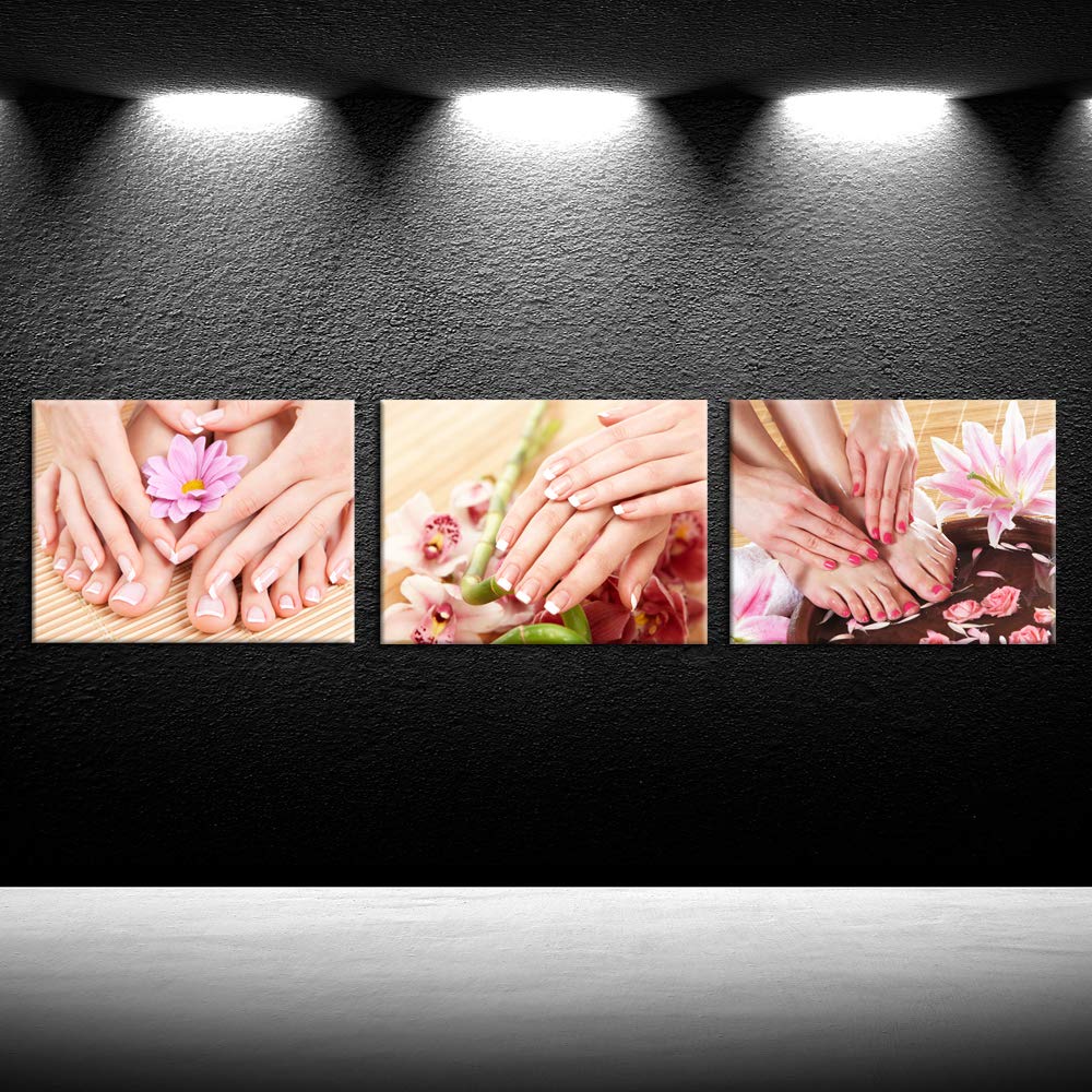 iKNOW FOTO Canvas Set of 3 Wall Art Manicure Painting Hands Foot Bath Massage Spa Still Life with Flowers Pictures Nails Beauty Salon Posters Printed Giclee Print Gallery Wrap for Walls