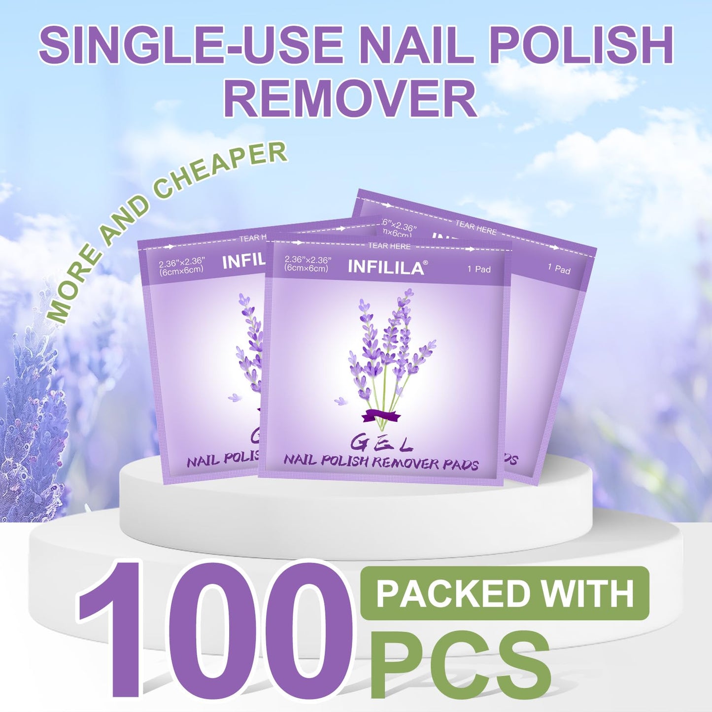 NXJ INFILILA Nail Polish Remover Pads, 100PCS Lavender Nail Polish Remover Wipes for Gel & Regular Polish, Individually Wrapped, Travel-Size, Professional Quick Removal for Home & On-the-Go Use