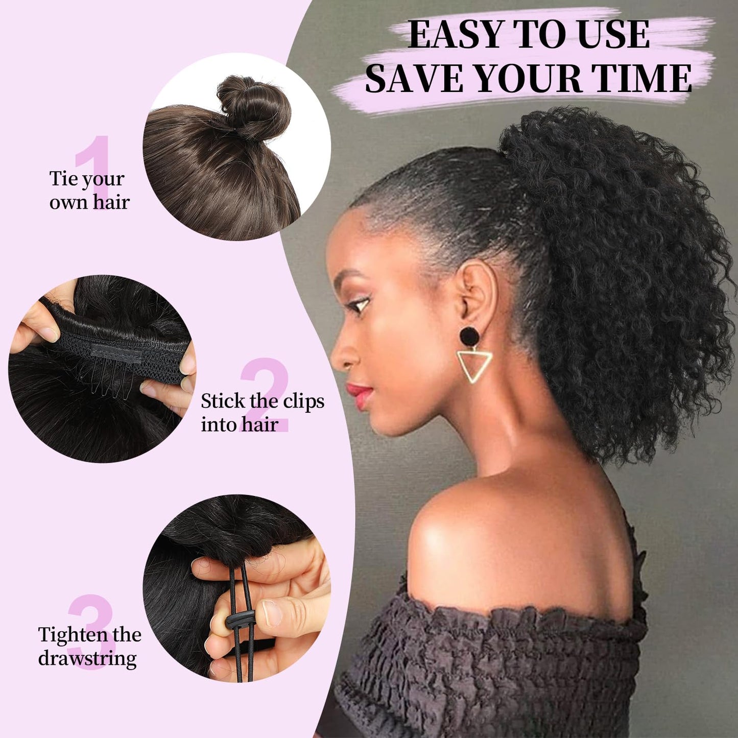 Urbeauty Drawstring Curly Ponytail Extensions Pink Mango Protein Silk Fiber Human Hair Soft Feeling Afro Kinky Curly Hair Puff Pony tails Lightweight, Soft Natural Budget for Daily Styles