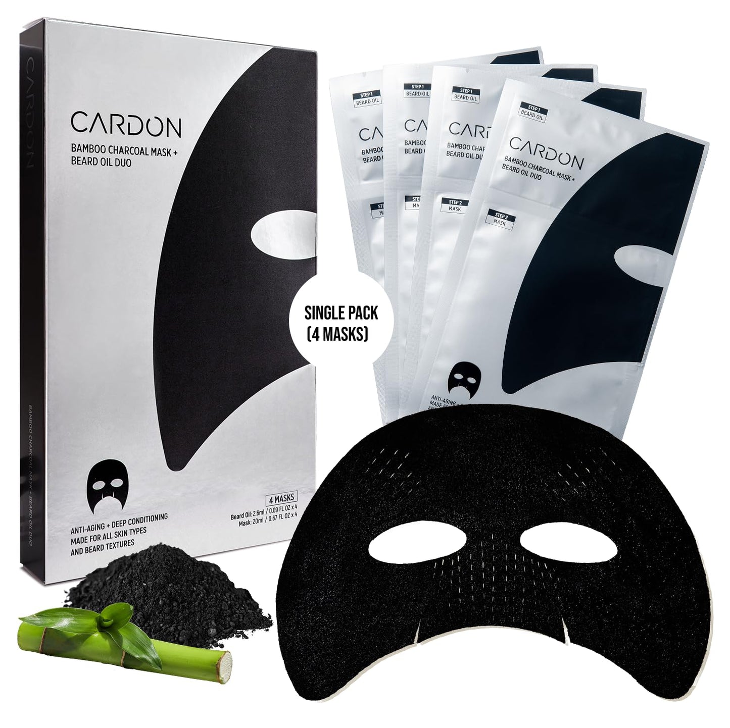 Cardon Complete Face & Beard Care Sheet Masks for Men - Korean Face Masks Skincare with Bamboo Charcoal Detox + Premium Beard Oil - 4 Pack for Deep Hydration, Anti-Aging & Post-Shave Comfort