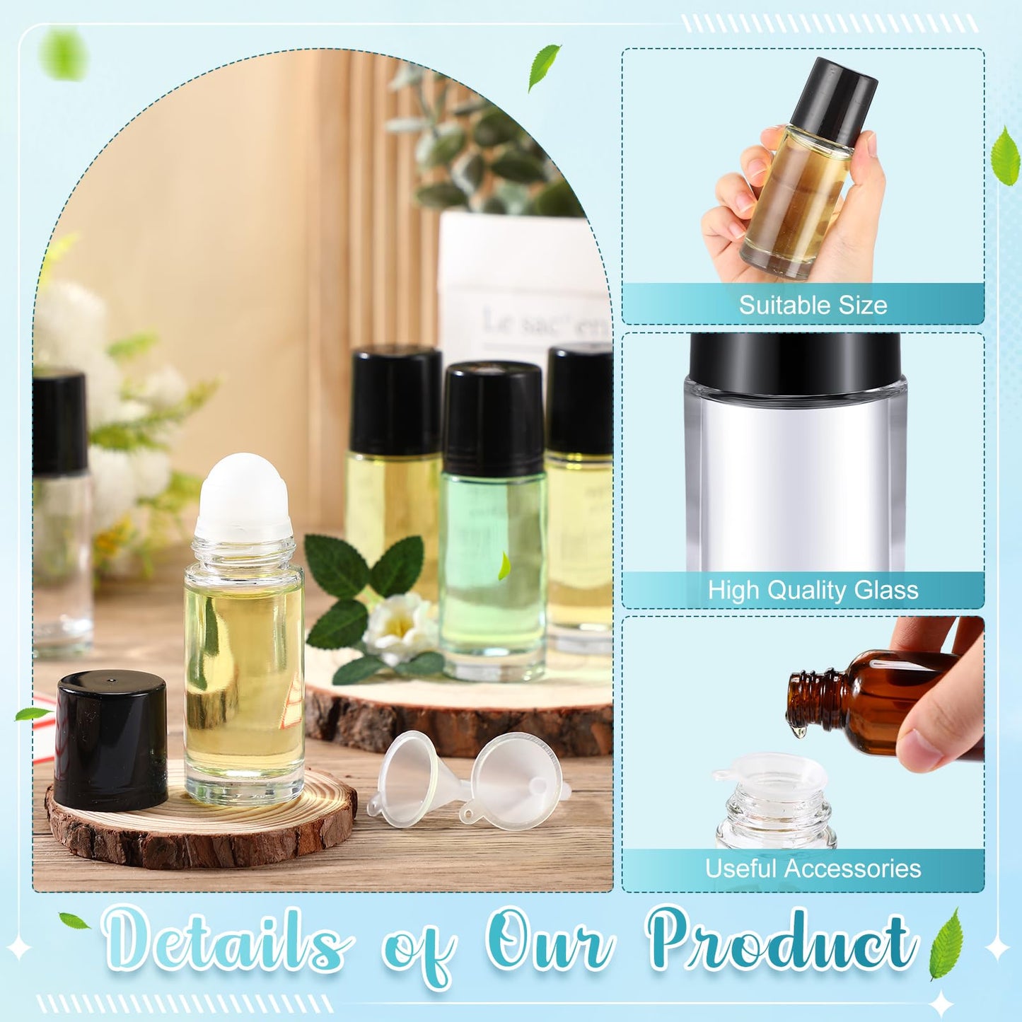 Sumind 24 Pcs Glass Roller Bottles for Essential Oil 50ml Empty Deodorant Bottle Roller Ball Container Refillable Rollerball Bottle with Plastic Balls, Funnel and Sticker (Clear)