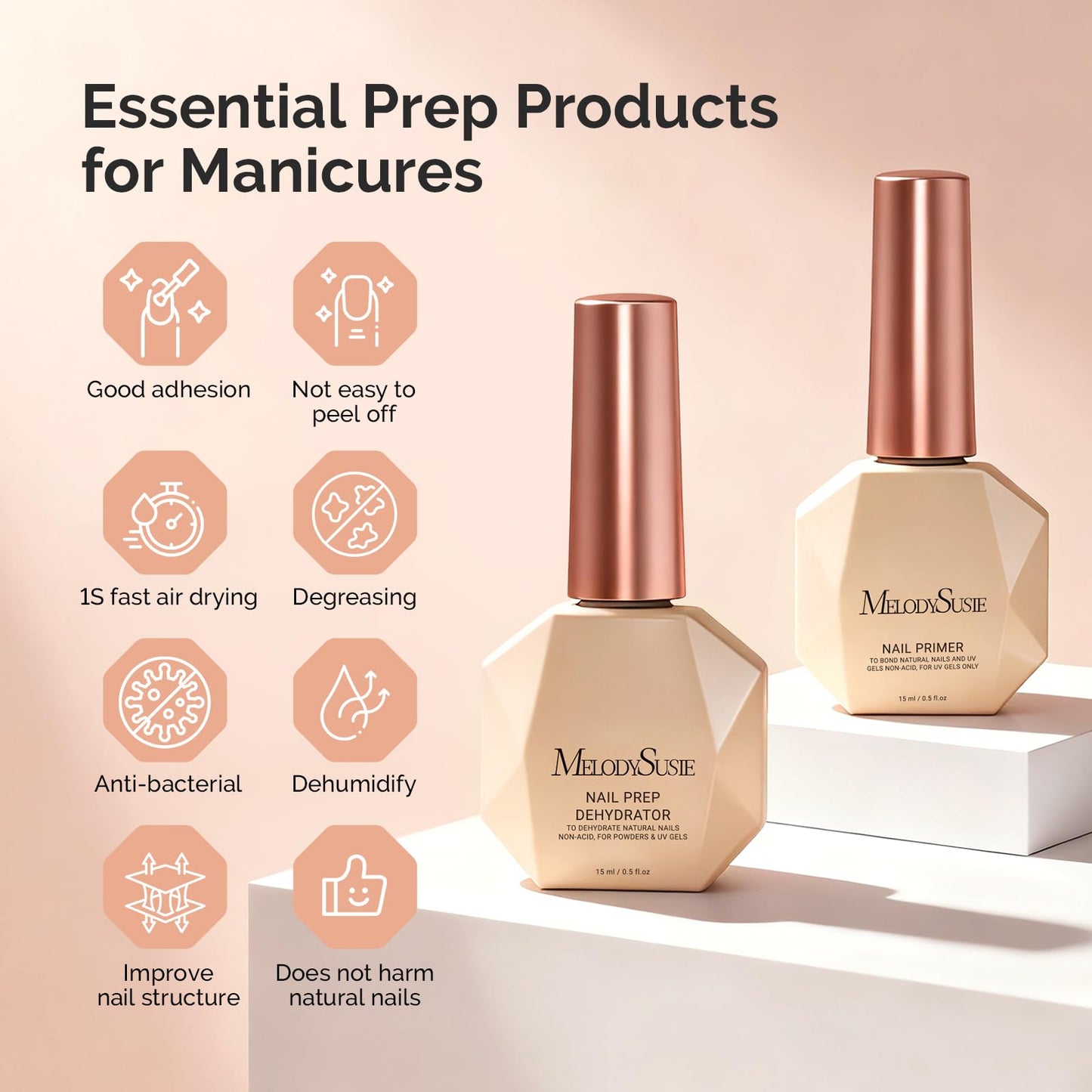 MelodySusie Dehydrator and Primer Acid-Free HEMAFree Nail Prep Set for Acrylic,Gel,DIY Nails,Fast Dry,Superior Bonding,No Lift Formula,Ideal Manicure Gift Set 2Pcs 15ML/0.5oz