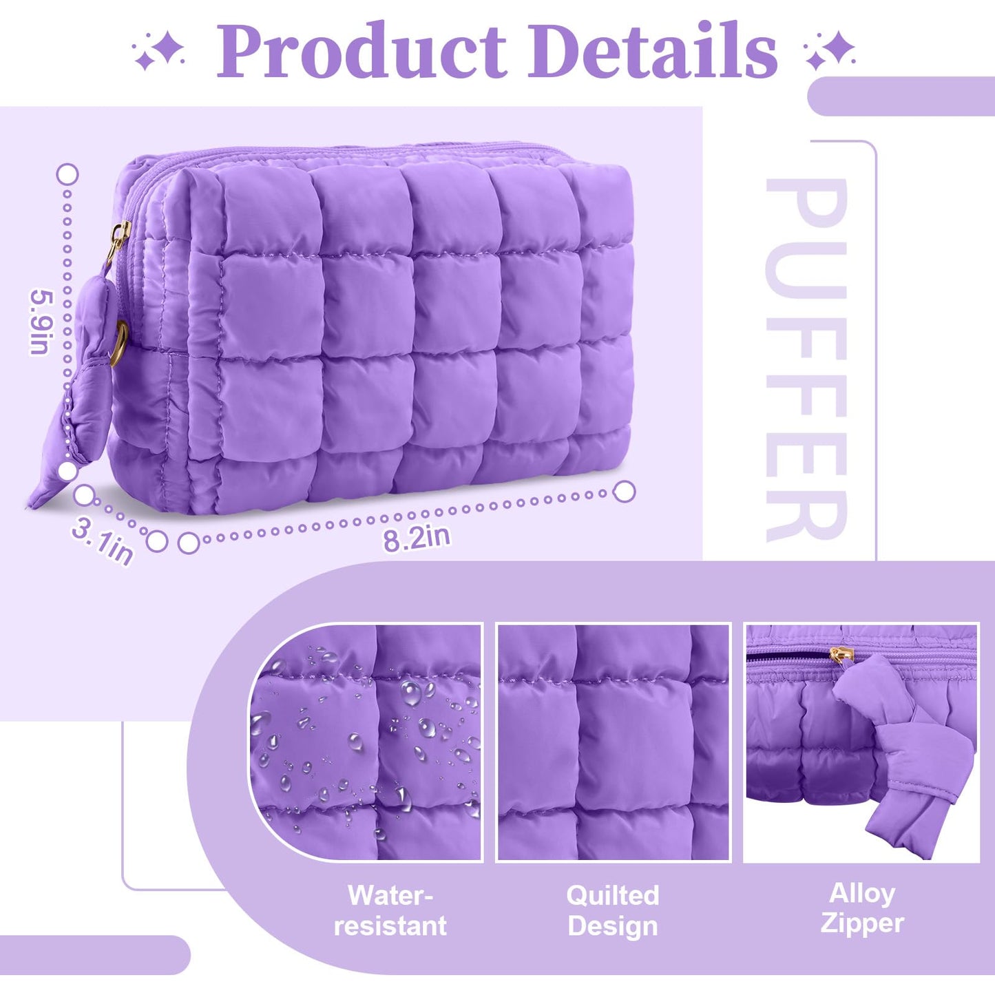 Puffer Quilted Makeup Bag Cosmetic Bags,Puffy Travel Toiletry Pouch for Women,Cute Checkered Zipper Bag Travel Essential,Portable Aesthetic Make up Organizer Bag for Gifts Work Daily(Purple,M)