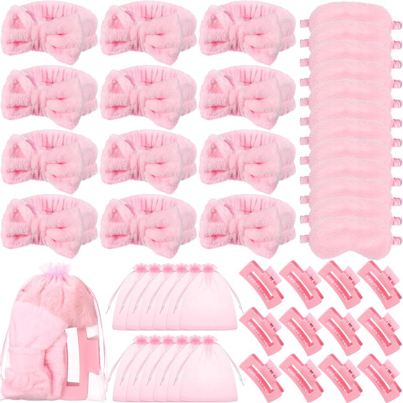 Wavyknot 48 Pcs Spa Party Supplies Sleepover Essentials Spa Headband Plush Eye Mask Claw Clips Organza Bag for Birthday Party Women Adult Slumber Supplies (Pink)