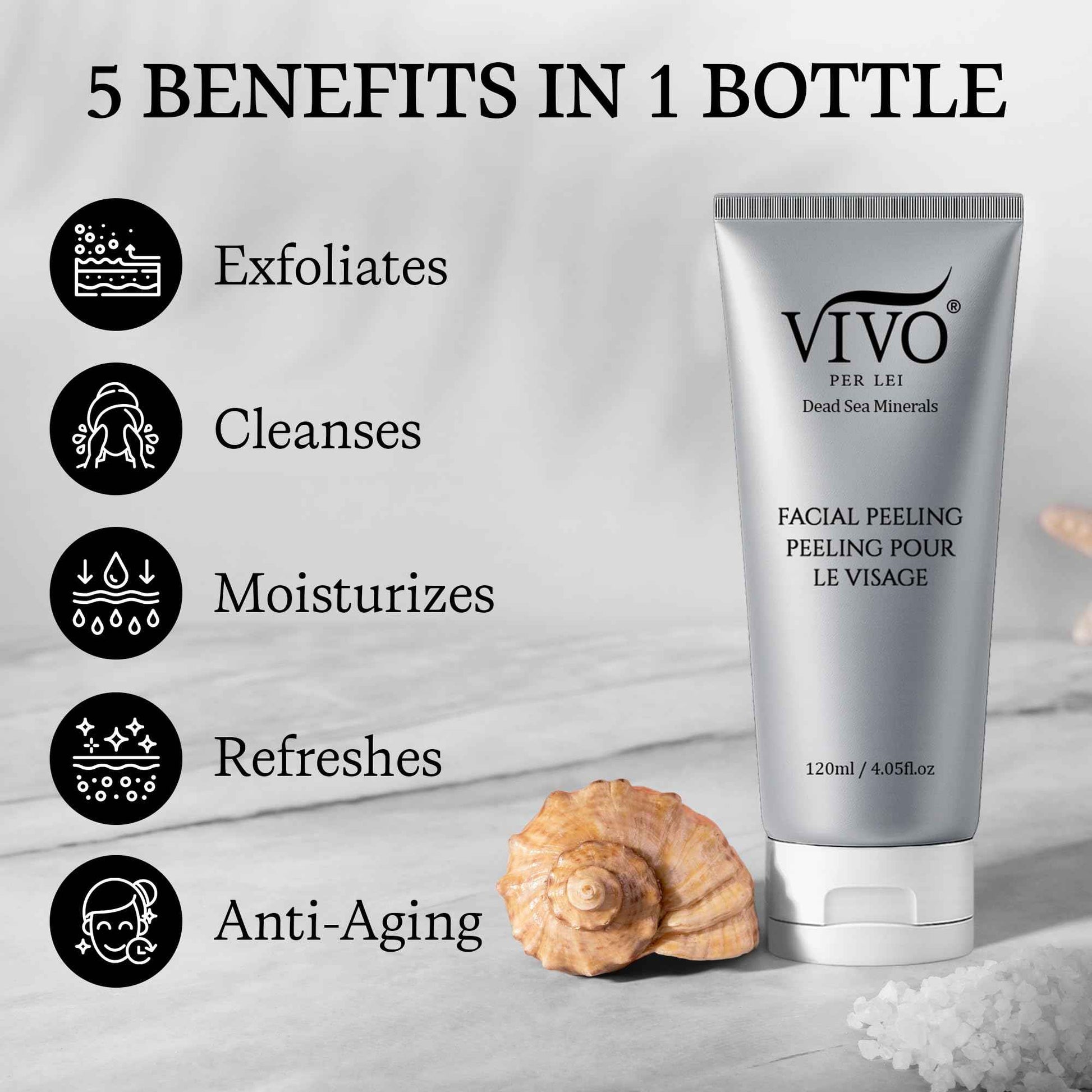 Vivo Per Lei Facial Peeling Gel - Contains Dead Sea Minerals and Nut Shell Powder - Gentle Face Exfoliator Scrub and Blackhead Remover - Peel Your Skin to a Fresher You - 4.05 Fl oz.