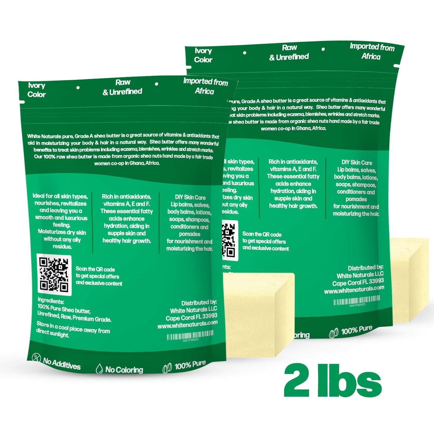 White Naturals Raw African Shea Butter 2lb (1lb in each bag), Pure, Unrefined, Grade A, Ivory, Great Skin Moisturizer, DIY Lip Balms, Stretch Marks, Recover Sun Damage, Cream & More