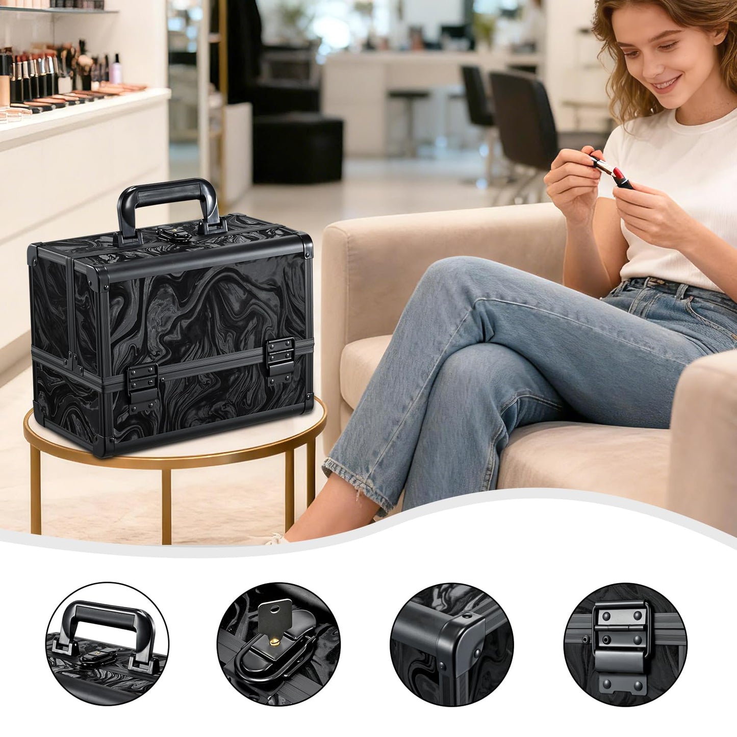 Faquenc Travel Makeup Case with LED Lighted Mirror - 11.6" Portable Makeup Organizer Box, Cosmetic Train Case with Detachable Brush Holder - Fluid Black