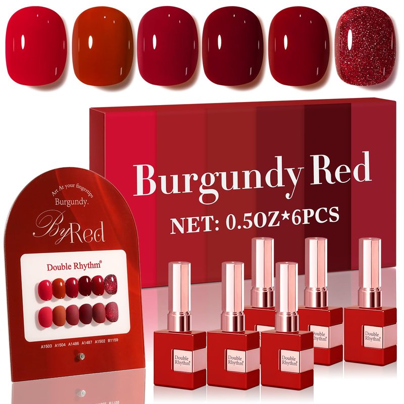 Gel Polish Set - 6 Pcs 15 ML Soak Off Gel for Nail Art | Glitter Burgundy & Dark Cherry Red