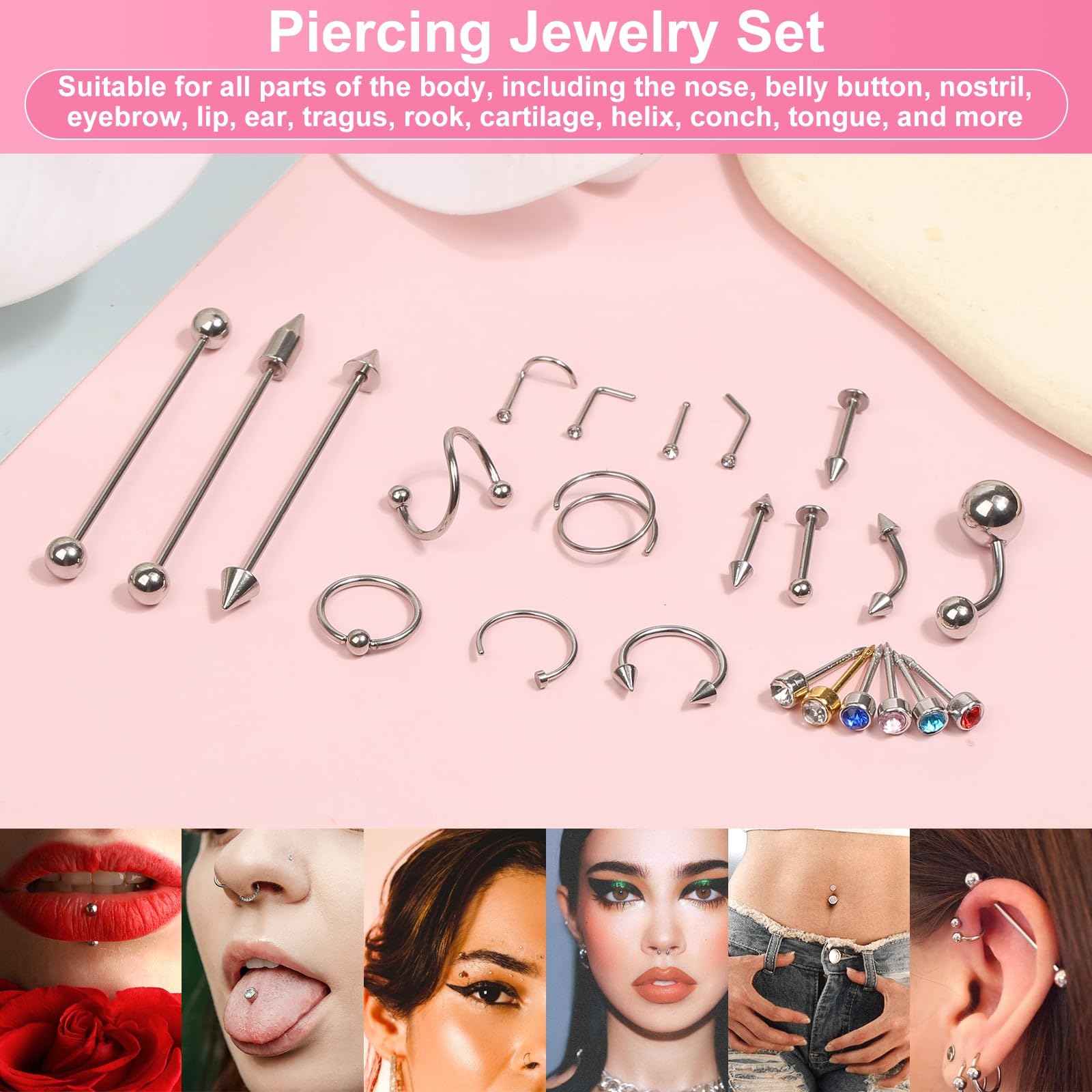 164PCS Body Septum Piercing Kit with 14G/16G/18G/20G Piercing Needles Piercing Jewelry and Tools for Ear Nose Belly Button Nipple Lip Cartilage Eyebrow Tongue Navel Piercing Kit for All Piercings