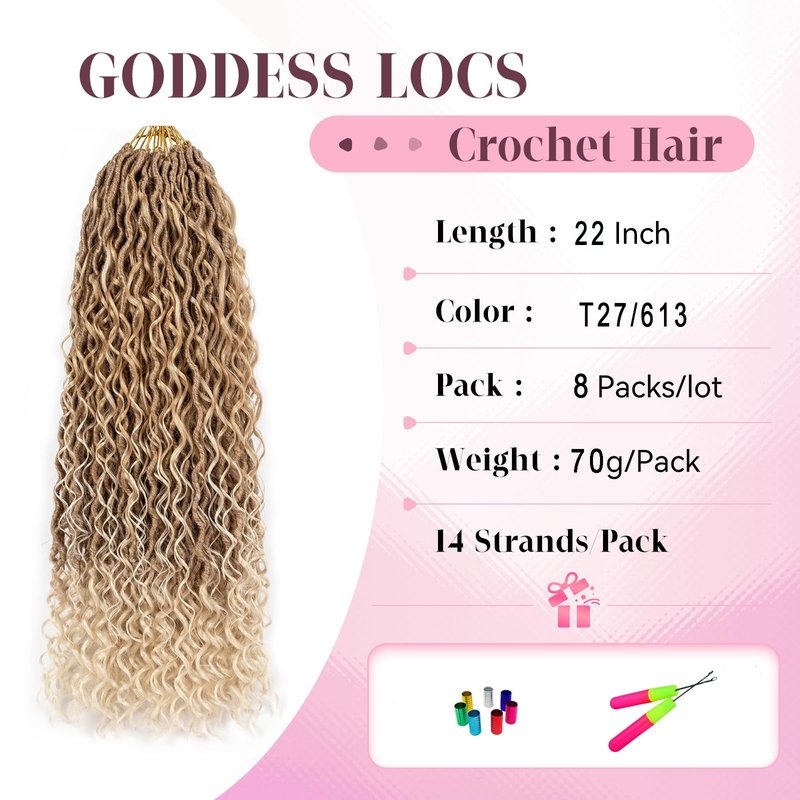 Goddess Locs Crochet Hair 22 Inch Boho River Locs Hippie Wavy Crochet With Curly Hair In Middle And Ends Braids Hair Extensions (8Packs,22 inch, T27/613)