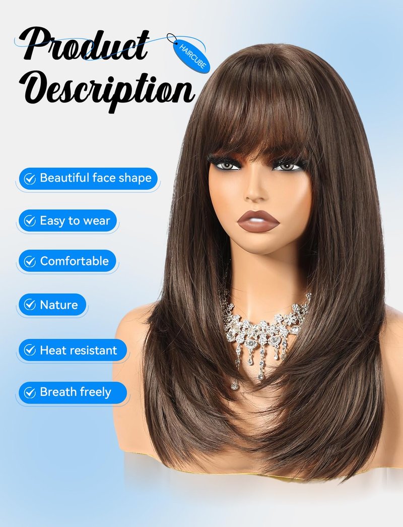 HAIRCUBE Layered Brown Medium Long Straight Synthetic Wigs for Women with Bangs Heat Resistant Natural Look for Daily Use