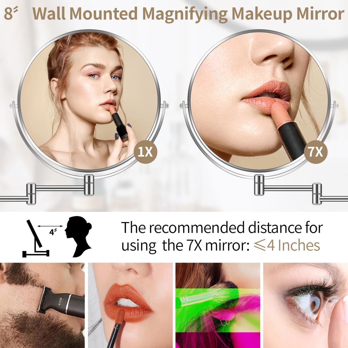 BTremary 8” Wall Mounted Magnifying Makeup Mirror 1X/7X Wall Mount Mirror Swing Arm Two-Sided 360° Swivel Bathroom Shaving Mirror for Men and Women in Hotel/Home, Chrome