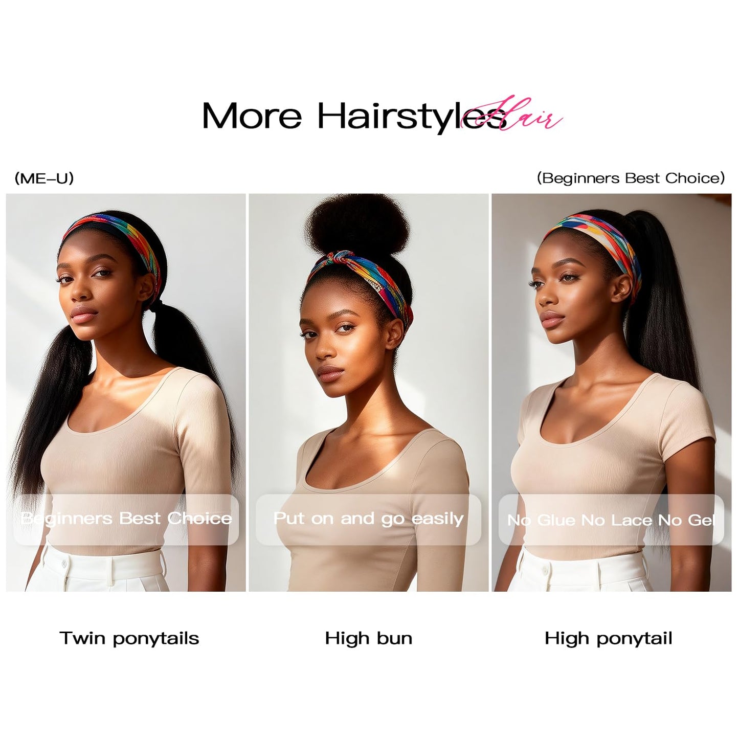 ME-U Headband Wig Human Hair Kinky Straight Guleless Wigs for Black Women Wear and Go 180% Density Yaki Straight Wig No Lace Natural Black Color 26 Inch