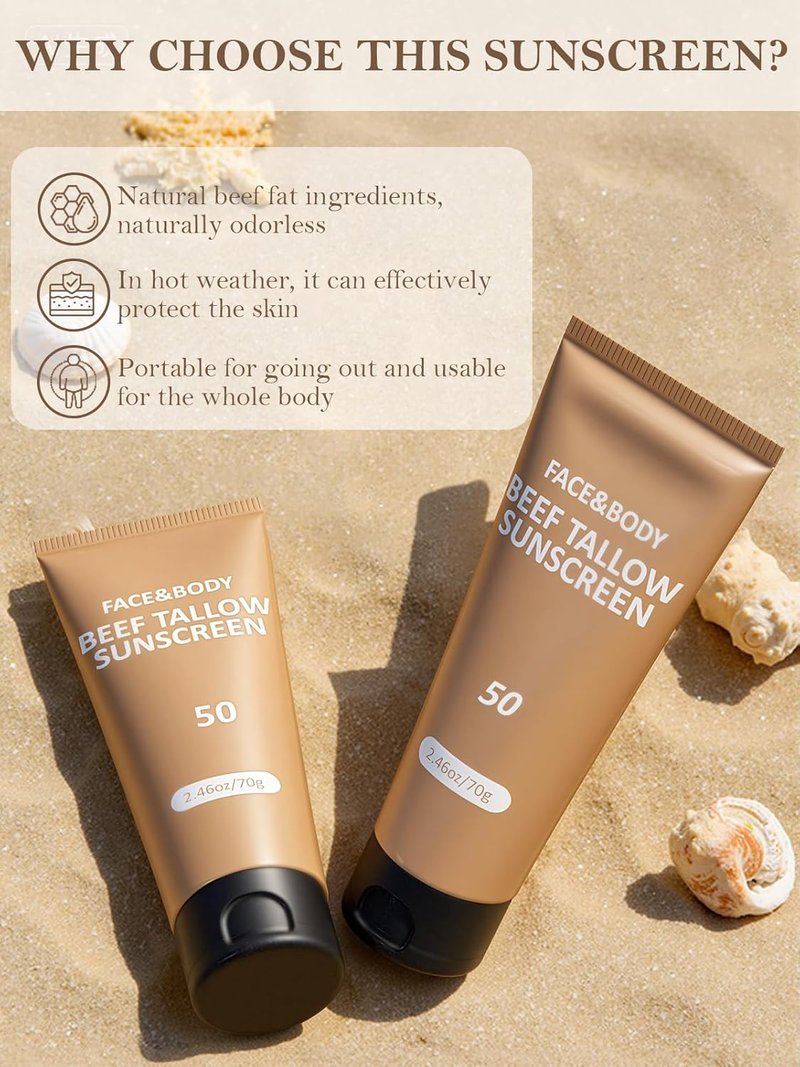 Beef Tallow Sunscreen - Natural Reef Safe Sunblock for Face & Body | Non-Greasy, Travel-Friendly, 3-Pack