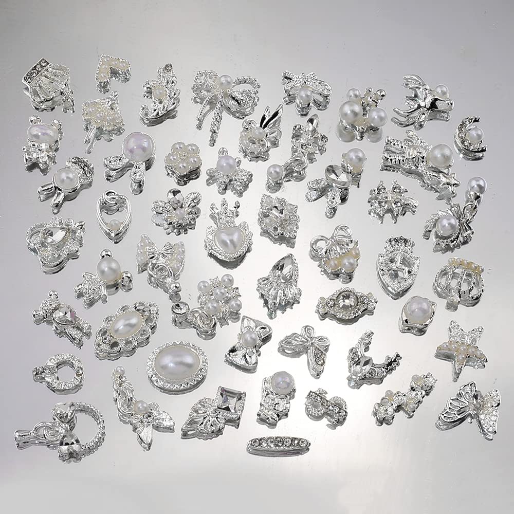 50pcs Luxury Nail Rhinestones Random Silver Nail Charms 3D Alloy Butterfly Nail Art Charms Metal Bowknot Bear Nail Gems Heart Star Flower Charms for Nails Mix Styles Nail Jewels for Nail Art Supplies