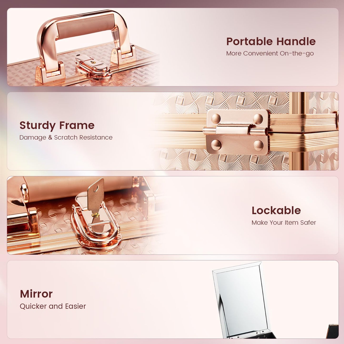 Joligrace Beauty Makeup Train Case for Lady Portable Cosmetic Box Jewelry Organizer Lockable with Keys and Mirror 2-Tier Trays Carrying with Handle Makeup Storage Box - Rose Gold