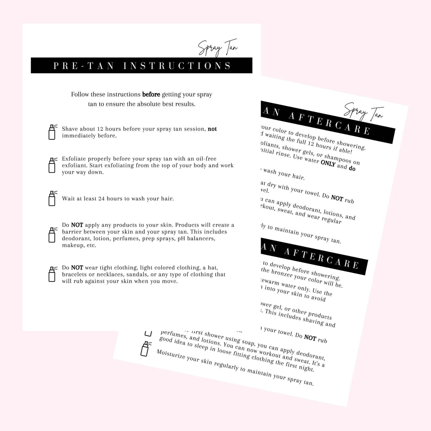 Spray Tan Intake Forms, Consent, Aftercare Instructions |75 pk 25 of each printed | Pre-tan before your spray, rapid spray tan included 8.5 x 11” Client Intake Signature Minimalist Black White