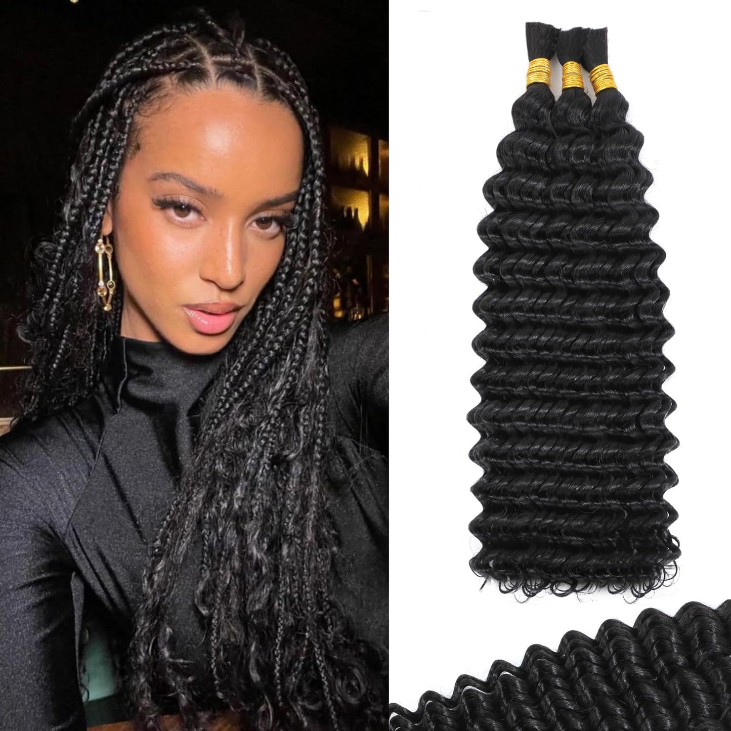 Human Braiding Hair for Boho Braids Deep Wave Bulk Human Hair 14 Inch 12A Knotless Boho Braiding Curly 100% Virgin No Weft Extensions Bohemian Braids 3 Bundles/Pack Natural Color