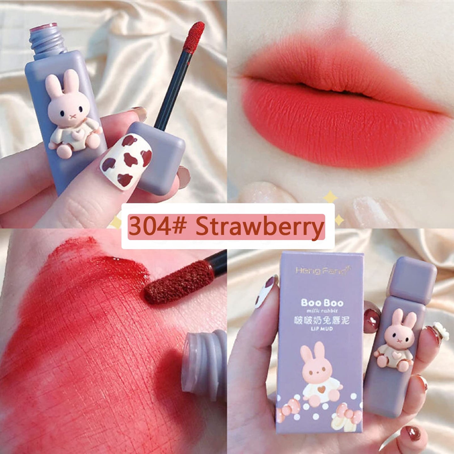 Domality 4pcs Bunny Rabbit Flavor Lip Gloss Set for Lips & Cheeks, 4 Colors Matte Velvet Mousse Liquid Lipstick, Soft Lightweight Smooth Lip Mud, Long Lasting Waterproof Lip Makeup Kit