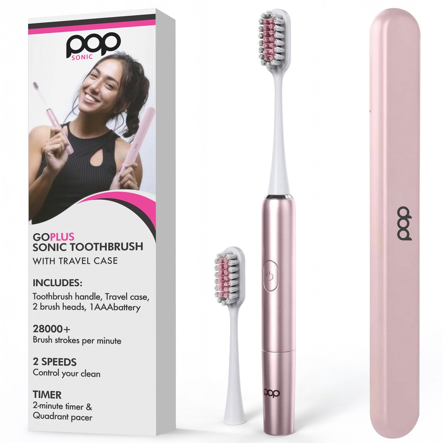 Pop Sonic Electric Toothbrush – Electric Toothbrush for Adults – Bathroom Essentials & Travel Essentials – Dupont Nylon Bristles –18000-24000 Strokes/Min w/AAA Battery – 2 Speed – Go Plus (Rose Gold)