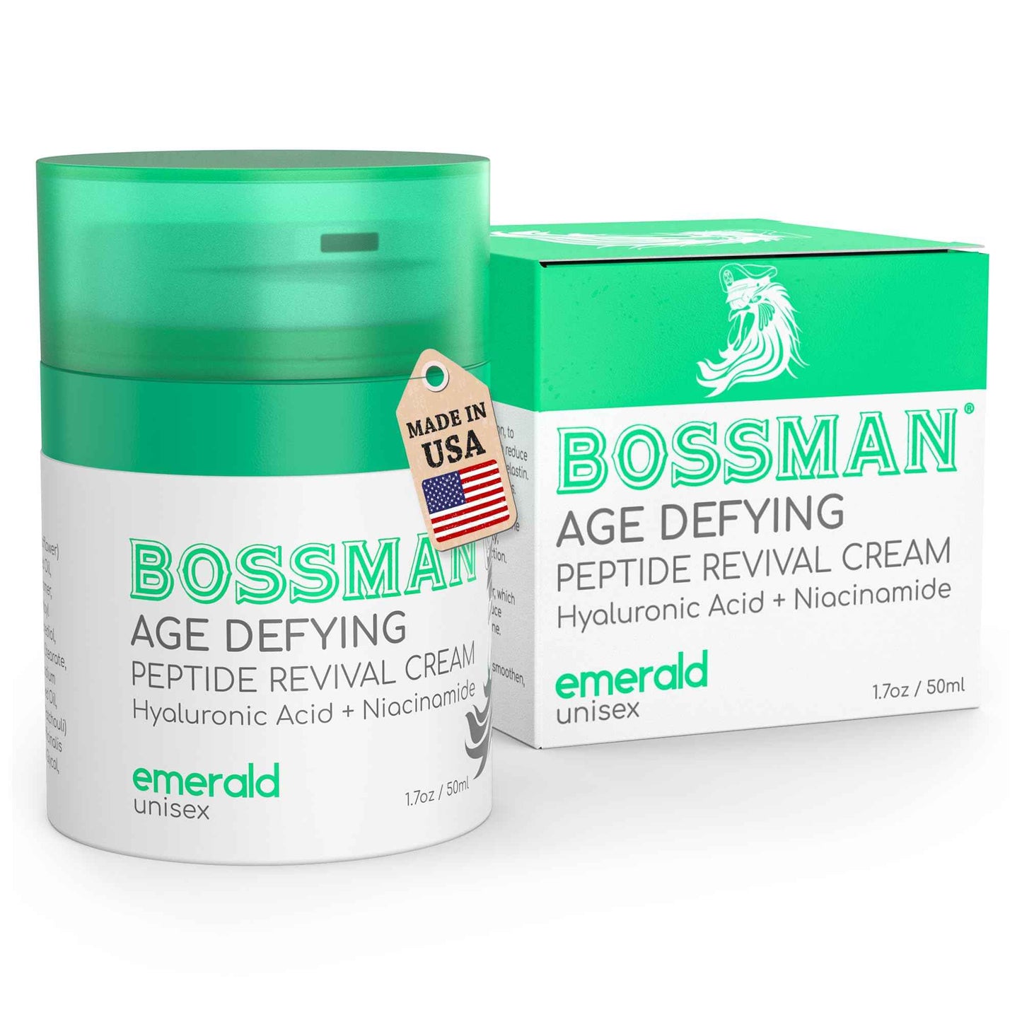 Bossman Peptide Revival Cream 1.7 oz - Emerald (Green Tea) Scent - Anti-Aging Face Moisturizer for Men & Women - Niacinamide & Hyaluronic Acid - Peptide Moisturizer for All Skin Types - Made in USA