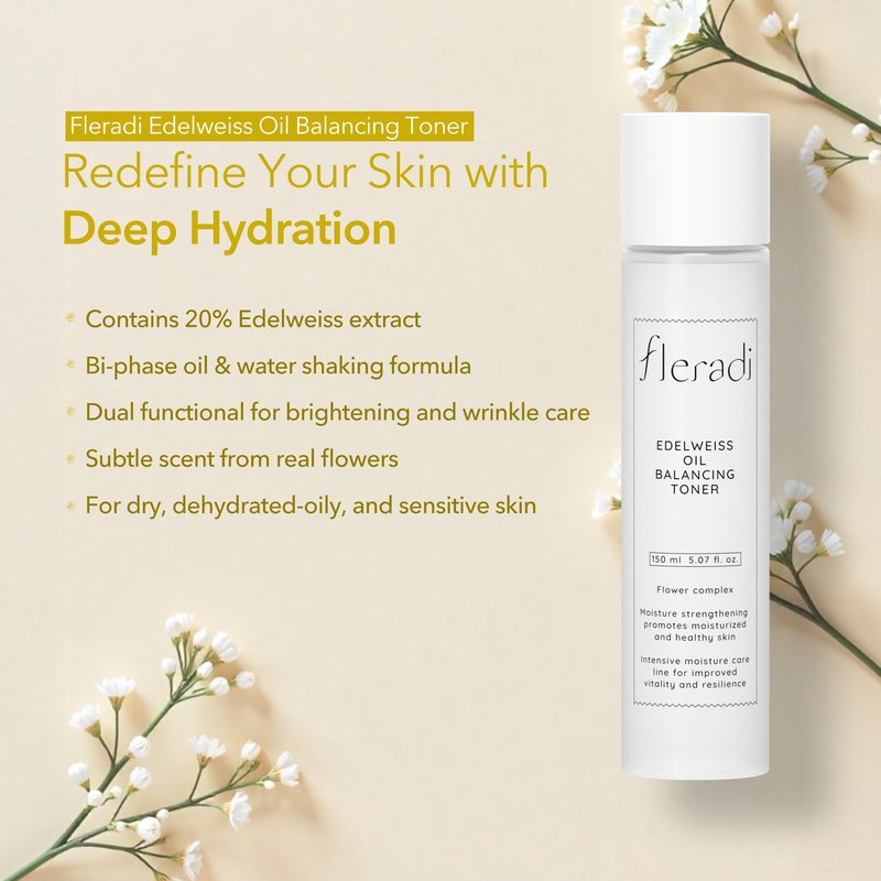 Fleradi Edelweiss Oil Balancing Toner: Revitalize with 20% Edelweiss Extract - Dual Layer Hydration & PH Balance, Rich in 11 Flower Extracts, 5.07 fl oz - Ideal for All Skin Types