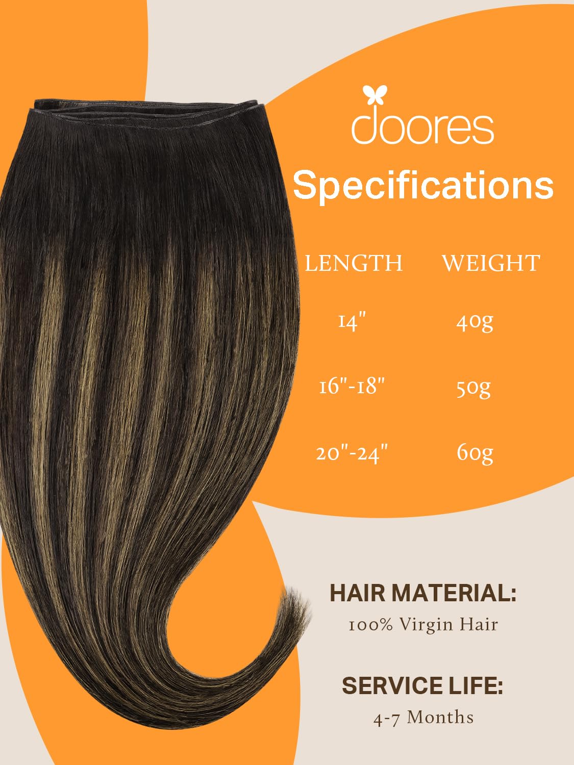 DOORES Sew in Hair Extensions Natural Straight, 18 Inch Balayage Dark Brown to Chestnut Brown 50g, Weft Hair Extensions Human Hair Virgin