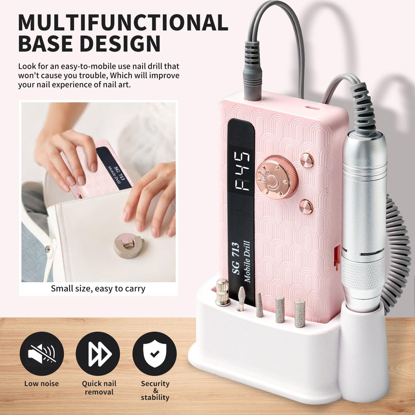 Professional Nail Drill Kit 45000RPM, Portable Electric Nail File with 13 Bits & 56pcs Sanding Bands,LED Screen,Ultra-Silent, Rechargeable Nail Drills Machine for Acrylic Nails Gel Polishing (Pink)
