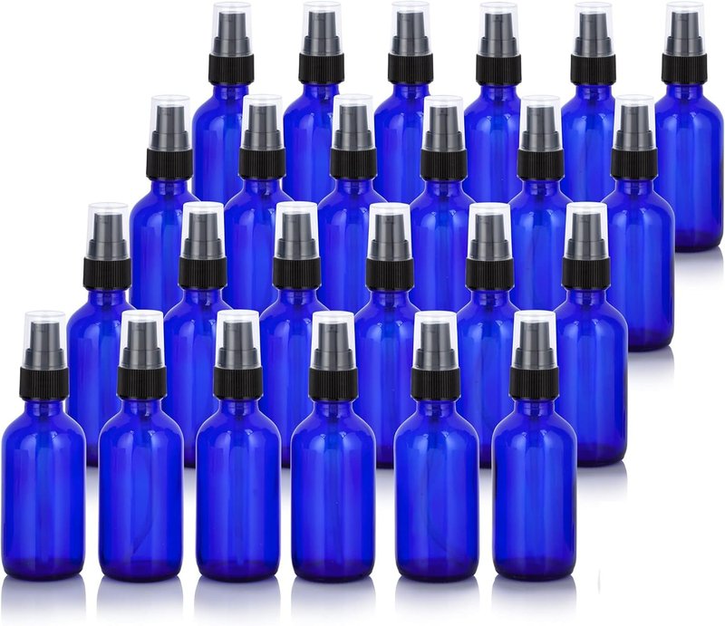 JUVITUS 2 oz Cobalt Blue Glass Boston Round Black Treatment Pump Bottle (24 Pack) + Travel Size Foamer for Soap