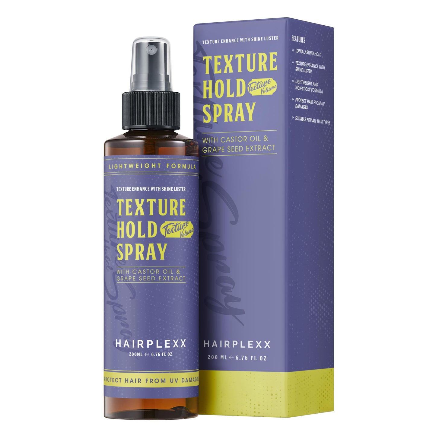 Hairplexx Texture Hold Spray – Daily Hold Styling Spray with Shine | No Residue, Anti-Frizz | Adds Texture, Volume | Humidity-Resistant | Lightweight with Castor Oil & Grape Seed Extract 6.76 oz