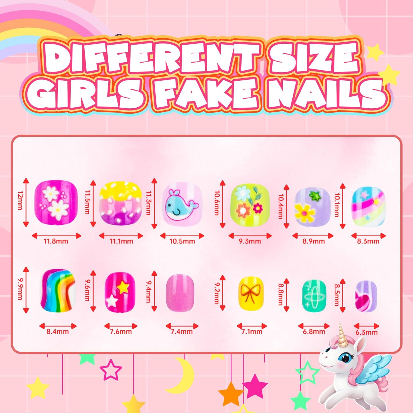 Kids Press-On Nails - 144 Pieces Full Cover Short Acrylic Nail Art Kits for Girls | Cute Patterns