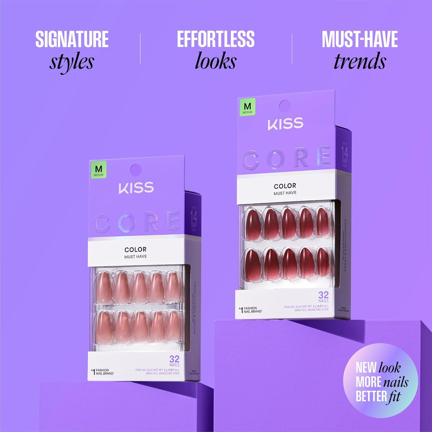 Kiss Core Press On Nails - Euphonious Pink Almond Shape | Short Size, 32 Nails, Glue & Manicure Kit Included