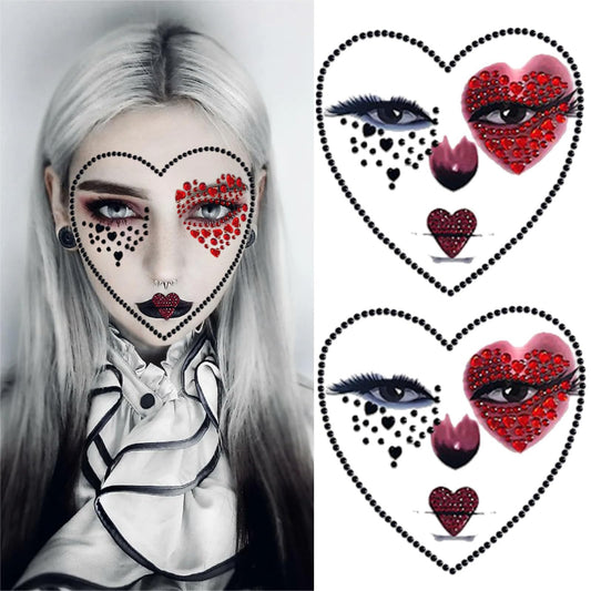 2 Pieces Spades A Heart Face Gems Makeup Tattoo Stickers Self Adhesive 3D Rhinestone Jewels Glitter Tattoo for Halloween Carnival Rave Party
