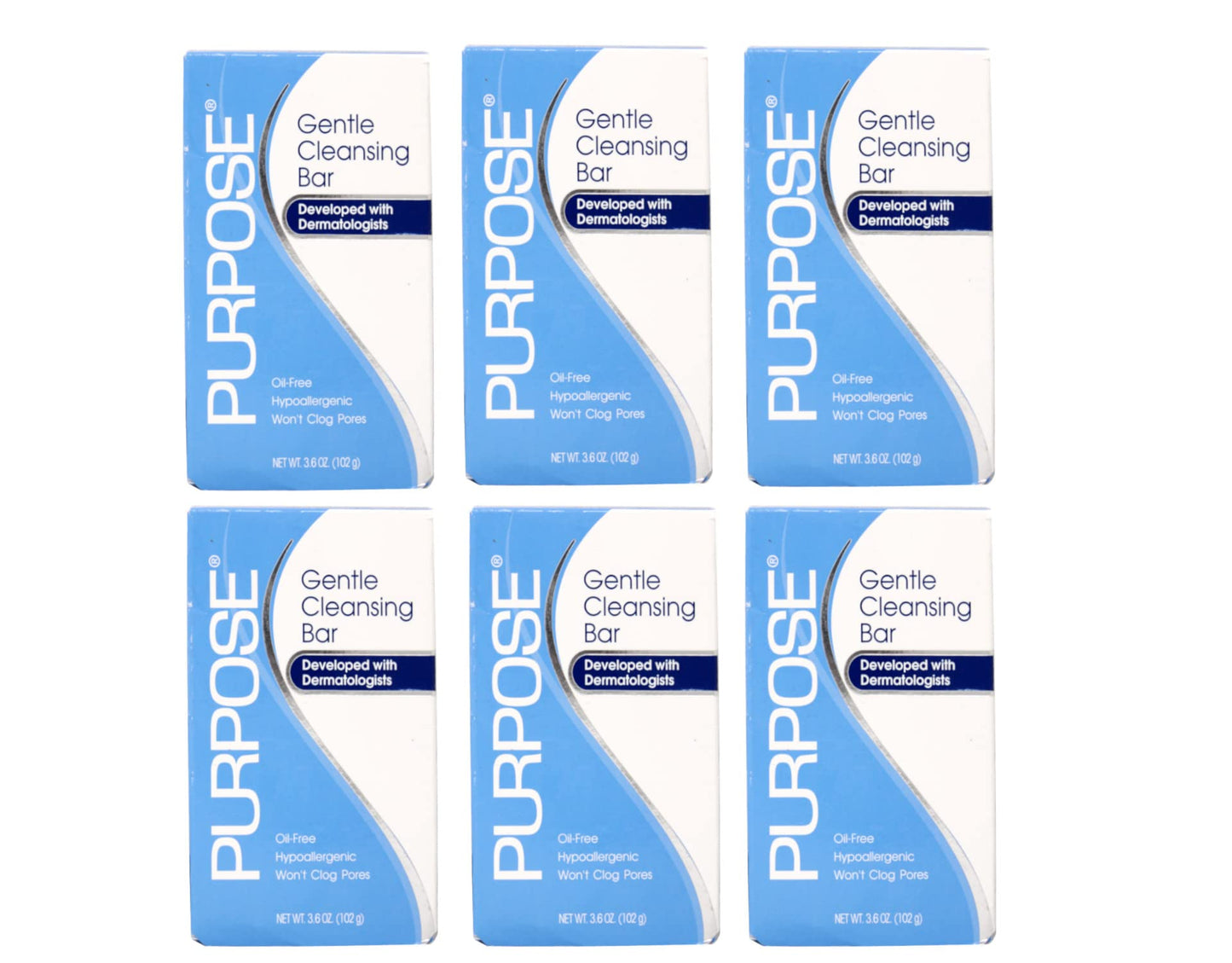 PURPOSE Gentle Cleansing Bar, Gentle As Water, All Skin Types, For Sensitive & Dry Skin, Oil-free, Hypoallergenic, Sulfate-Free, 3.6 oz Bar (6 Pack)