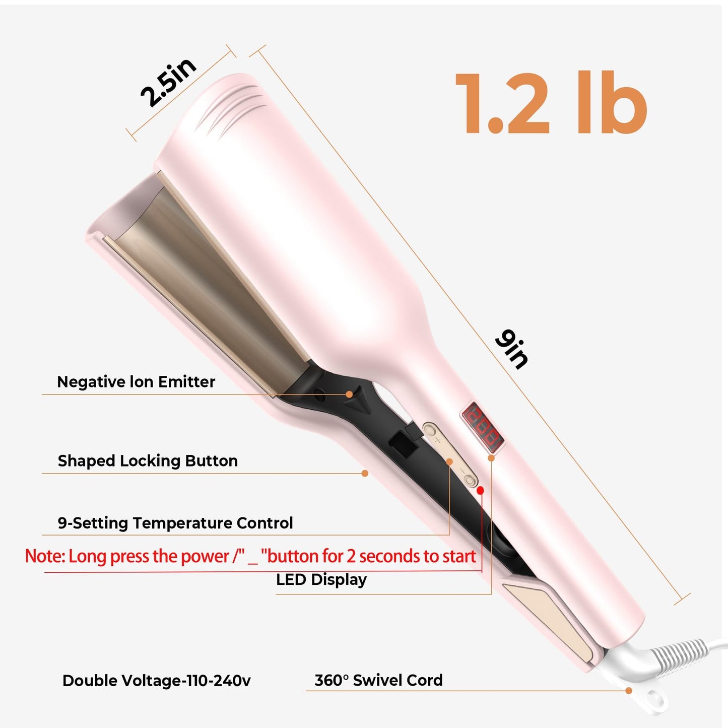 Curling Iron Hair Crimper Waver, Beach Waves Curling Wand, Waver Hair Tool, Double Voltage, Easy to Use, Pink, 1.25 Inch